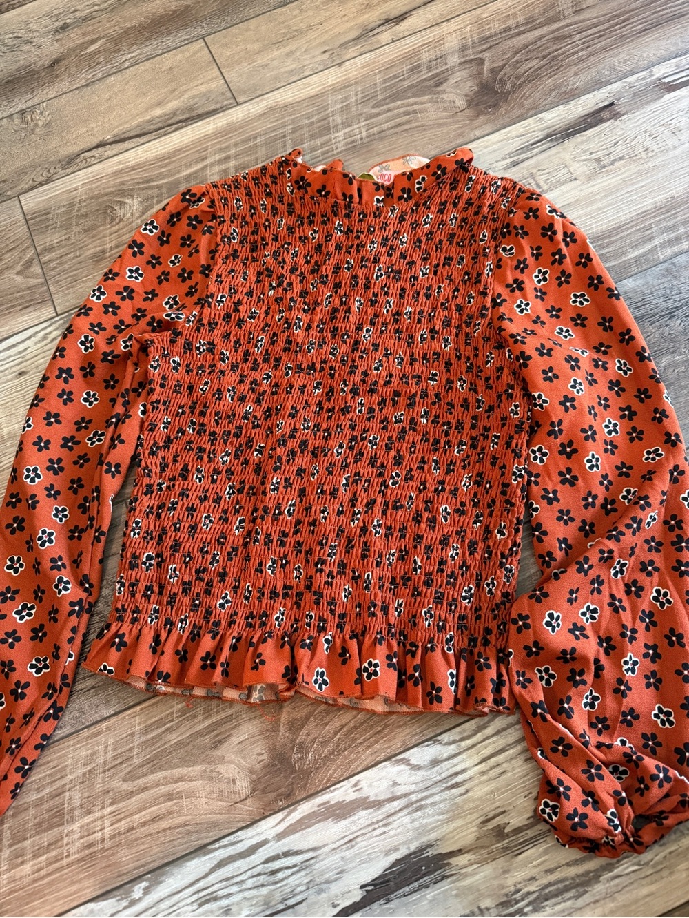 Smocked Floral Long-Sleeve Blouse in Orange